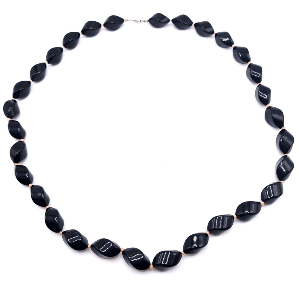 Vintage Black Faceted Bead Necklace 30in Marquise Beads